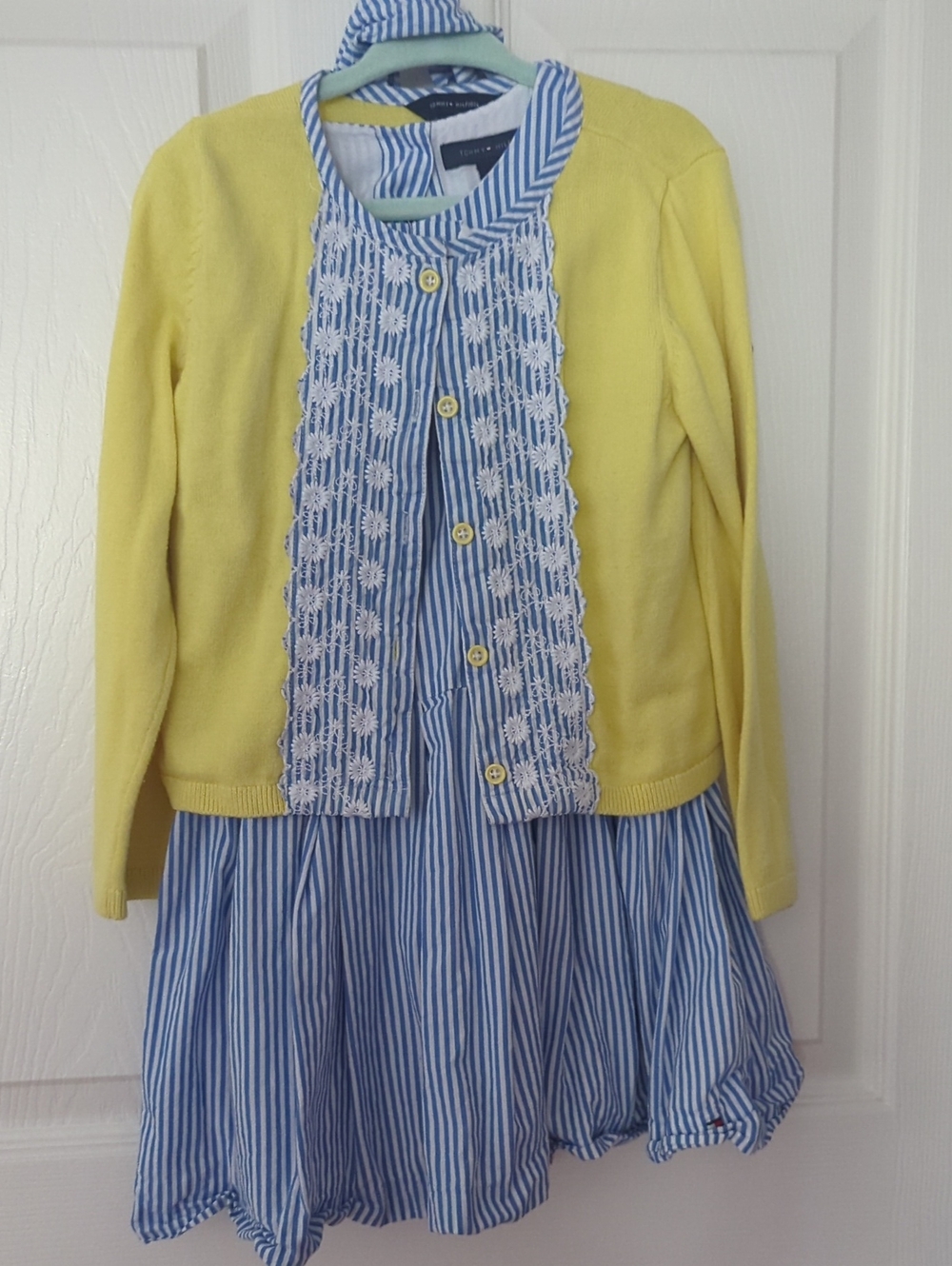 Tommy Hilfiger Blue & Yellow Striped Button-Down Dress with Yellow Cardigan